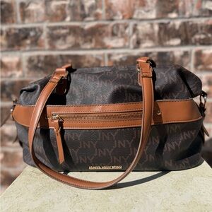 Jones New York Bag dark brown "JNY" patterned body with tan/cognac